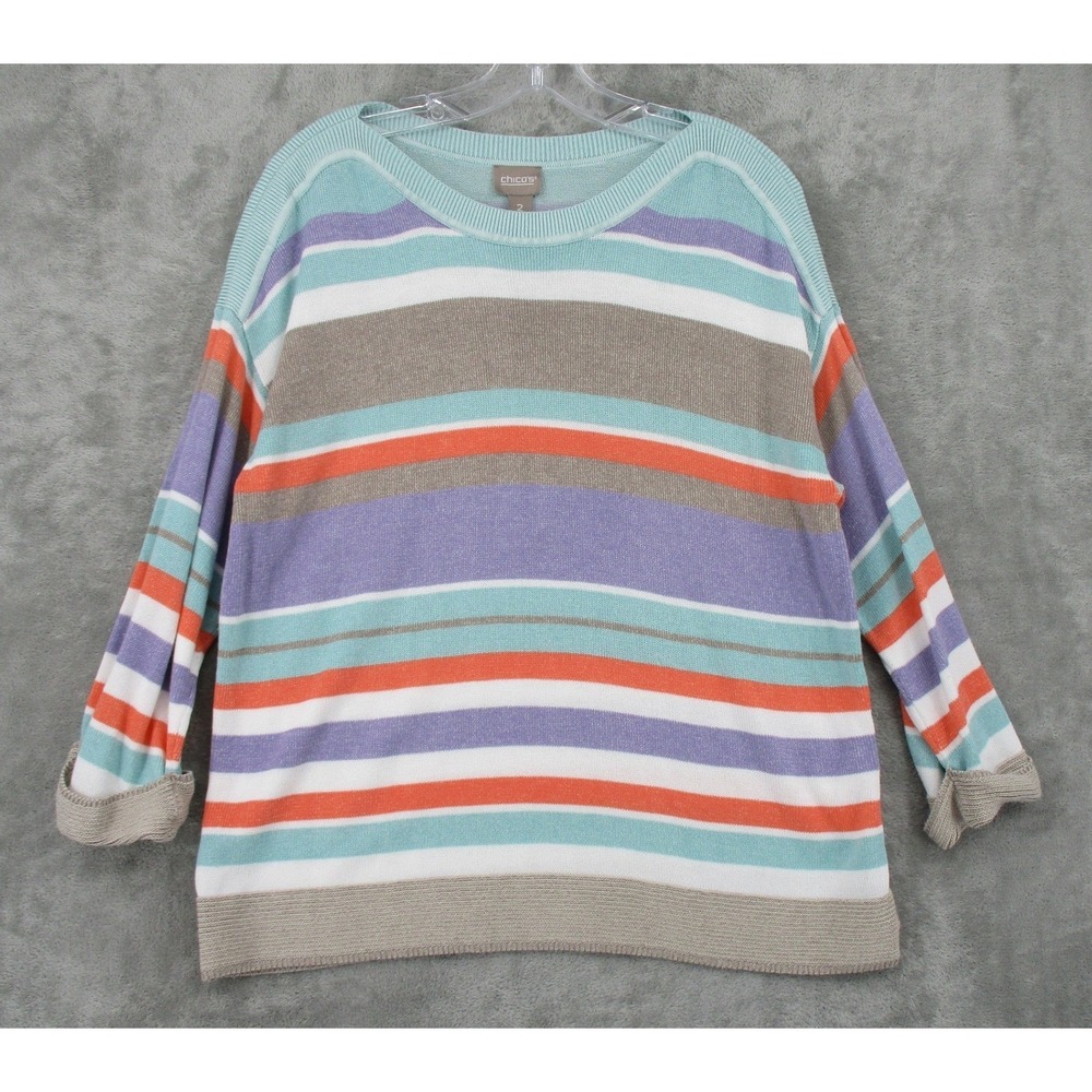 Chicos Sweater 2 US Large Striped Crew Neck Pullover Lightweight Casual Knit